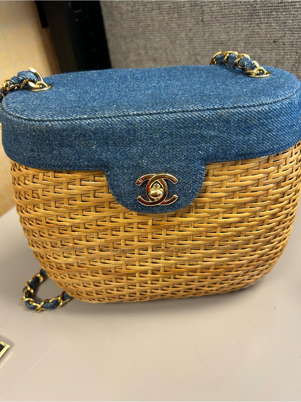 CHANEL Blue Denim Wicker rattan basket Shoulder flap Bag with Gold Chain Y2K